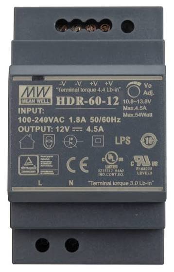 MEANWELL HDR-60-12 DIN RAIL POWER SUPPLY 54W 12VDC 4.5A IP20